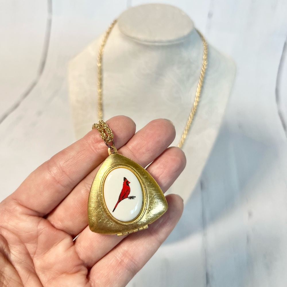 Vintage Gold Cardinal Locket Hinged Triangle on a Long Chain Memorial Gift